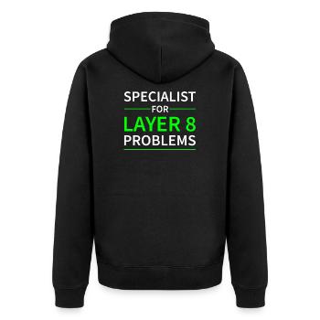 Specialist for layer 8 problems Geschenk Code - Unisex Premium Bio Zip Hoodie - Schwarz - Hinten - Nico (187cm)