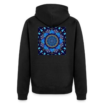 Mandala blau türkis gold - Unisex Premium Bio Zip Hoodie - Schwarz - Hinten - Nico (187cm)