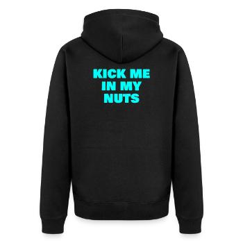 Kick me in my Nuts - Unisex Premium Bio Zip Hoodie - Schwarz - Hinten - Nico (187cm)