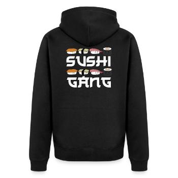 Sushigang Sushiarten Spruch mit Gesichtern - Unisex Premium Bio Zip Hoodie - Schwarz - Hinten - Nico (187cm)