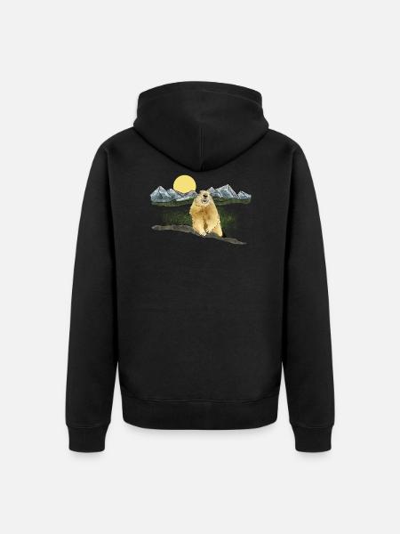 Murmeltier, Berge, Sonne - Unisex Premium Bio Zip Hoodie - Schwarz
