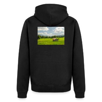 Prairie de montagne avec cabane face aux Alpes - Veste à capuche bio Premium Unisexe - noir - Dos - Nico (187cm)