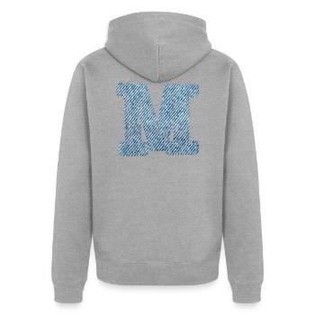 Buchstabe M - Jeans - Unisex Premium Bio Zip Hoodie - Grau meliert - Hinten - Nico (187cm)