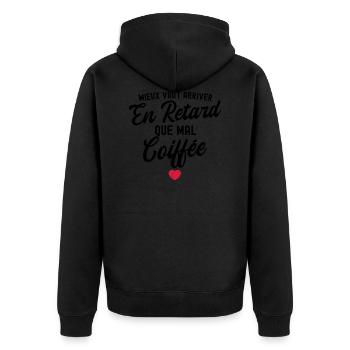 mieux vaut arriver en retard que mal coiffée - Veste à capuche bio Premium Unisexe - noir - Dos - Nico (187cm)