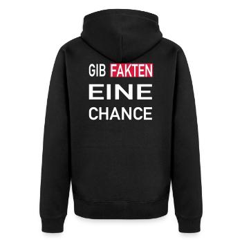Gib Fakten eine Chance - Unisex Premium Bio Zip Hoodie - Schwarz - Hinten - Nico (187cm)