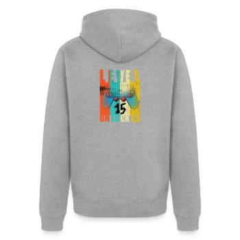 Level 15 Unlocked -15th Anniversary - Unisex Premium Organic Zip Hoodie - heather grey - Back - Nico (187cm)
