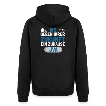 Wir geben ihrer Zukunft ein Zuhause - JVA Knast - Unisex Premium Bio Zip Hoodie - Schwarz - Hinten - Nico (187cm)
