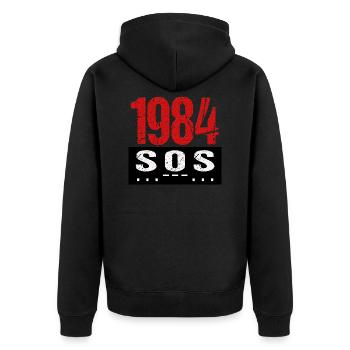 1984 SOS - Unisex Premium Bio Zip Hoodie - Schwarz - Hinten - Nico (187cm)
