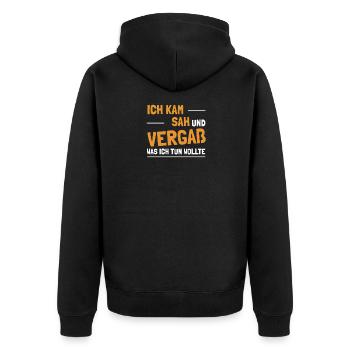 Ich kam sah und vergaß was ich tun wollte witzig - Unisex Premium Bio Zip Hoodie - Schwarz - Hinten - Nico (187cm)