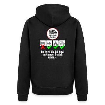 Im Hotel bin ich Gast, im Camper bin ich zuhause. - Unisex Premium Bio Zip Hoodie - Schwarz - Hinten - Nico (187cm)