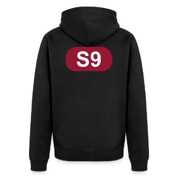 S-Bahn Berlin S9 - Unisex Premium Bio Zip Hoodie - Schwarz - Hinten - Nico (187cm)