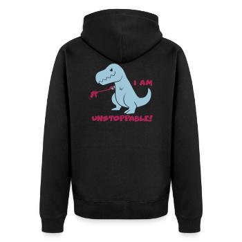 T-REX - I AM UNSTOPPABLE! (Blue) - Unisex Premium Bio Zip Hoodie - Schwarz - Hinten - Nico (187cm)