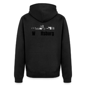 Wolfsburg Fanartikel Wolfsburg Skyline Wölfe Wolf - Unisex Premium Bio Zip Hoodie - Schwarz - Hinten - Nico (187cm)