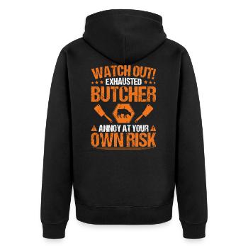 Metzger Metzgerei Fleischer Fleischerei Butcher - Unisex Premium Bio Zip Hoodie - Schwarz - Hinten - Nico (187cm)