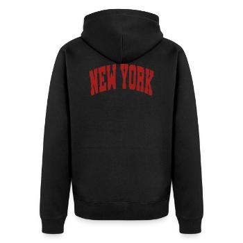 New York Schriftzug rot - Unisex Premium Bio Zip Hoodie - Schwarz - Hinten - Nico (187cm)
