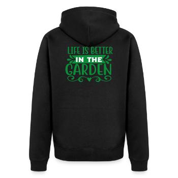 Das Leben ist besser im Garten - Unisex Premium Bio Zip Hoodie - Schwarz - Hinten - Nico (187cm)
