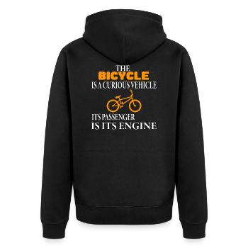 The bicycle is a curious vehicle its passenger is - Unisex Premium Bio Zip Hoodie - Schwarz - Hinten - Nico (187cm)