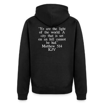 Matthieu 5:14 KJV (Police blanche) - Veste à capuche bio Premium Unisexe - noir - Dos - Nico (187cm)