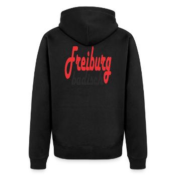 Freiburg Design - Unisex Premium Bio Zip Hoodie - Schwarz - Hinten - Nico (187cm)