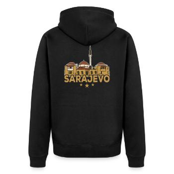 Sarajevo ByTheManzanitas - Unisex Premium Bio Zip Hoodie - Schwarz - Hinten - Nico (187cm)
