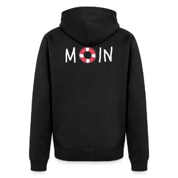 MOIN. Denn Moin-Moin is schon Gesabbel - Unisex Premium Bio Zip Hoodie - Schwarz - Hinten - Nico (187cm)