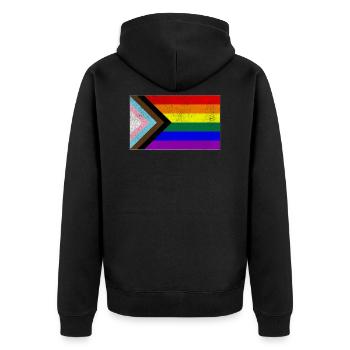 Distressed Progress LGBTQ Pride Flag - Unisex Premium Organic Zip Hoodie - black - Back - Nico (187cm)