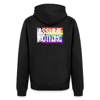 Assume Nothing LGBTQ Progress Pride Flag - Unisex Premium Organic Zip Hoodie - black - Back - Nico (187cm)