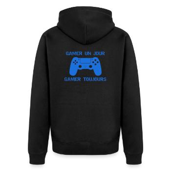 Gamer ein Tag gamer immer (blau2) - Unisex Premium Bio Zip Hoodie - Schwarz - Hinten - Nico (187cm)