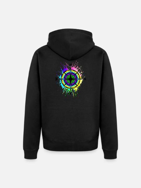 Kompas farverige symbol rejse farvepletter - Premium økologisk unisex-hættejakke - sort