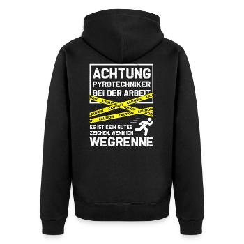 Achtung - Pyrotechniker bei der Arbeit - Unisex Premium Bio Zip Hoodie - Schwarz - Hinten - Nico (187cm)