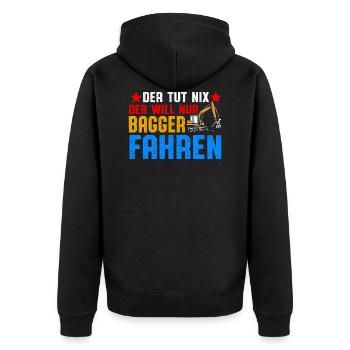 Der will nur Baggern Bagger fahren - Unisex Premium Bio Zip Hoodie - Schwarz - Hinten - Nico (187cm)