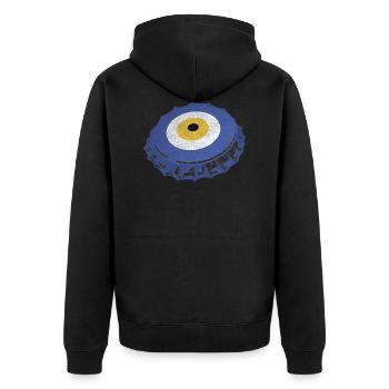 Kronkorken Nazar - Unisex Premium Bio Zip Hoodie - Schwarz - Hinten - Nico (187cm)