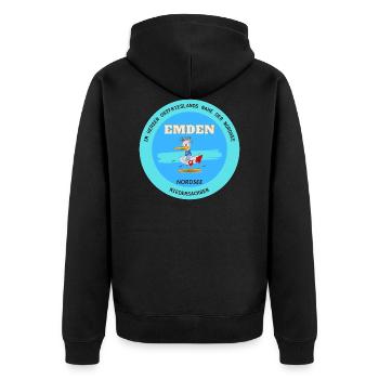 Emden im Herzen Ostfrieslands - Unisex Premium Bio Zip Hoodie - Schwarz - Hinten - Nico (187cm)