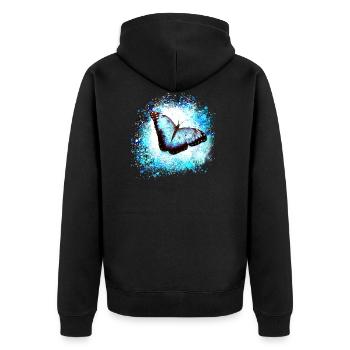 schmetterling ,blau ,graffiti,türkis,malerei - Unisex Premium Bio Zip Hoodie - Schwarz - Hinten - Nico (187cm)