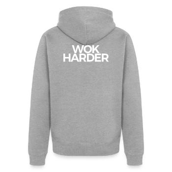 Wok härter - Unisex Premium Bio Zip Hoodie - Grau meliert - Hinten - Nico (187cm)