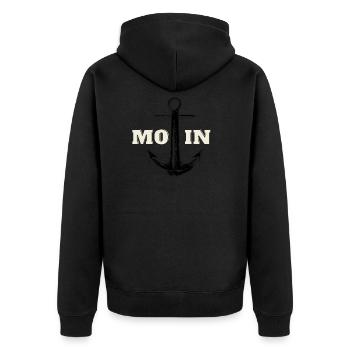 MOIN MOIN MOIN - Unisex Premium Bio Zip Hoodie - Schwarz - Hinten - Nico (187cm)