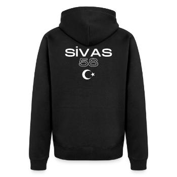 Türkische Geschenke Geschenkideen Türkce Sivas 58 - Unisex Premium Bio Zip Hoodie - Schwarz - Hinten - Nico (187cm)