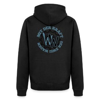 Mit der Kraft der zwei Waden Fahrrad - Unisex Premium Bio Zip Hoodie - Schwarz - Hinten - Nico (187cm)