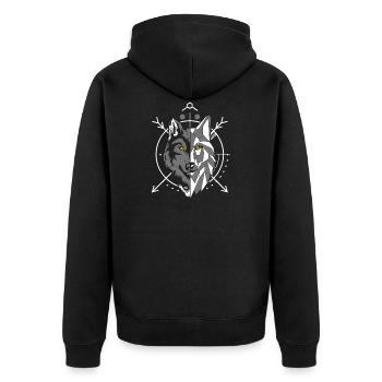 Geometrischer Grauer Wolf im Fadenkreuz - Unisex Premium Bio Zip Hoodie - Schwarz - Hinten - Nico (187cm)