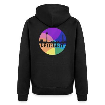 düsseldorf,skyline,kreis,bunt,regenbogen - Unisex Premium Bio Zip Hoodie - Schwarz - Hinten - Nico (187cm)