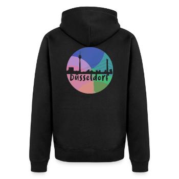 düsseldorf,skyline,kreis,bunt,regenbogen,retro - Unisex Premium Bio Zip Hoodie - Schwarz - Hinten - Nico (187cm)