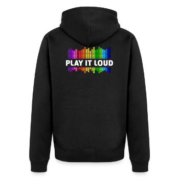 Play it loud Equalizer Musik Regenbogen bunt Disko - Unisex Premium Bio Zip Hoodie - Schwarz - Hinten - Nico (187cm)