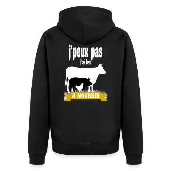 J'peux pas j'ai les bêtes à nourrir - Phrase drôle - Veste à capuche bio Premium Unisexe - noir - Dos - Nico (187cm)