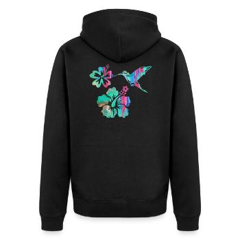 kolibri,aquarell ,blumen, hibiskus,floral,vogel - Unisex Premium Bio Zip Hoodie - Schwarz - Hinten - Nico (187cm)