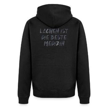 Lachen ist die beste Medizin Spruch Schrift - Unisex Premium Bio Zip Hoodie - Schwarz - Hinten - Nico (187cm)