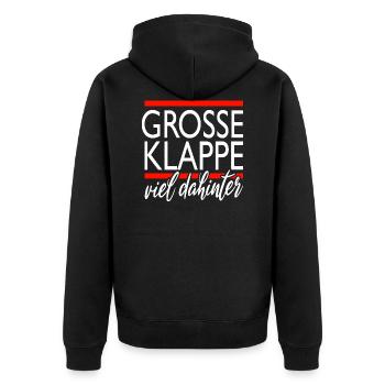 große klappe - viel dahinter - Unisex Premium Bio Zip Hoodie - Schwarz - Hinten - Nico (187cm)
