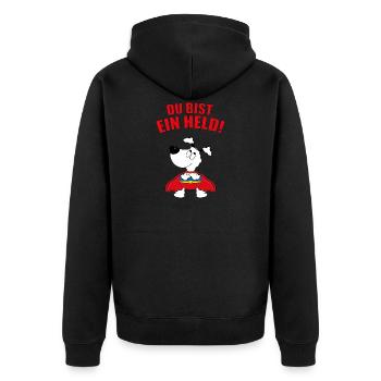 DU BIST EIN HELD! - HUND - SUPERHELD - TIERISCH - Unisex Premium Bio Zip Hoodie - Schwarz - Hinten - Nico (187cm)