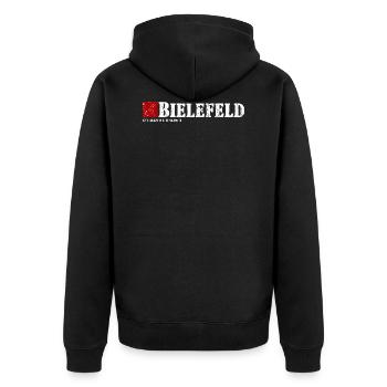 Bielefeld meine Stadt, die ich liebe - Unisex Premium Bio Zip Hoodie - Schwarz - Hinten - Nico (187cm)