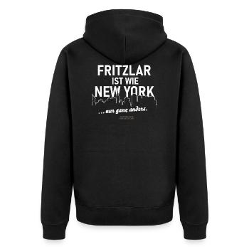 Fritzlar ist wie New York - Unisex Premium Bio Zip Hoodie - Schwarz - Hinten - Nico (187cm)