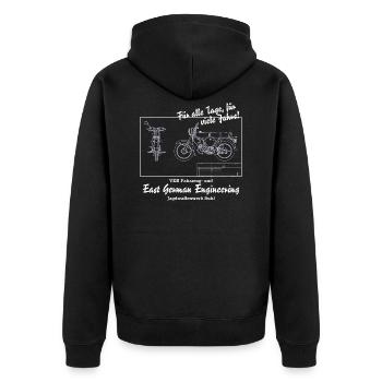 S51 Blueprint - East German Engineering - Unisex Premium Bio Zip Hoodie - Schwarz - Hinten - Nico (187cm)